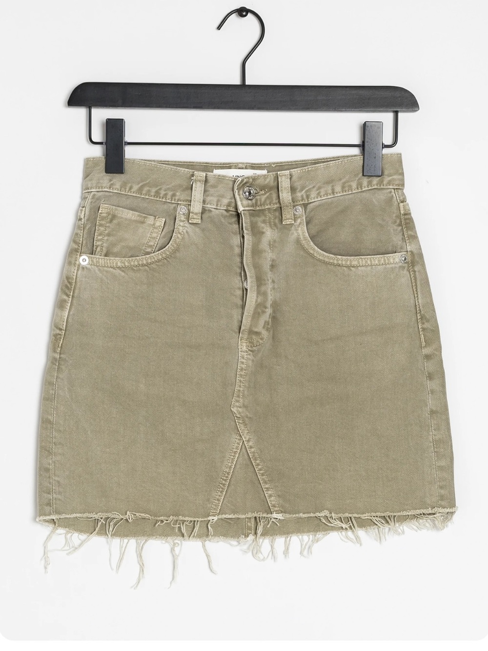 Mango Olive Green Frayed-Hem Denim Mini Skirt